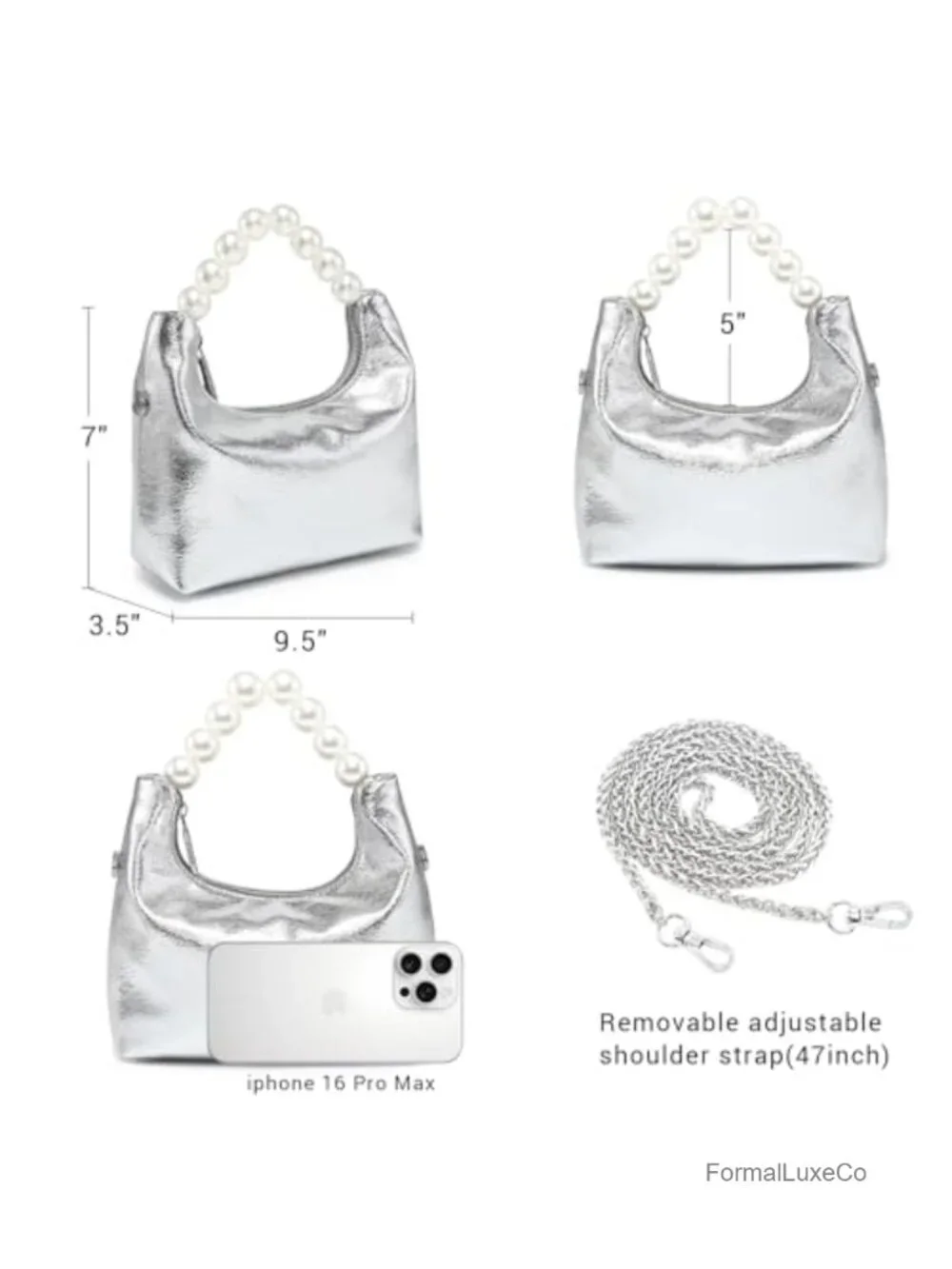 Faux Leather Pearl Handle Evening Clutch Purse with Detachable Chain